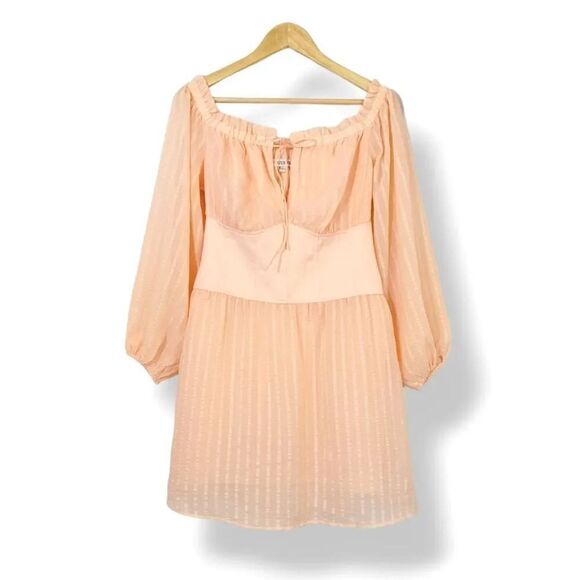 NEW Guess Sheer Chiffon Corset Bardot Milkmaid Peasant Mini Dress in Peach Large - Picture 3 of 14